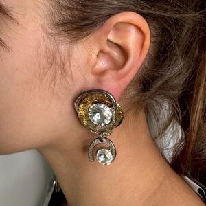Vintage J Jansen Brutalist 24K Gold & SilverPlated w/ Crystal Clip On Earrings